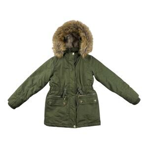 Justice Girls Anorak Puffer Jacket Green Faux Fur‎ Lined Hood Pockets Size 8